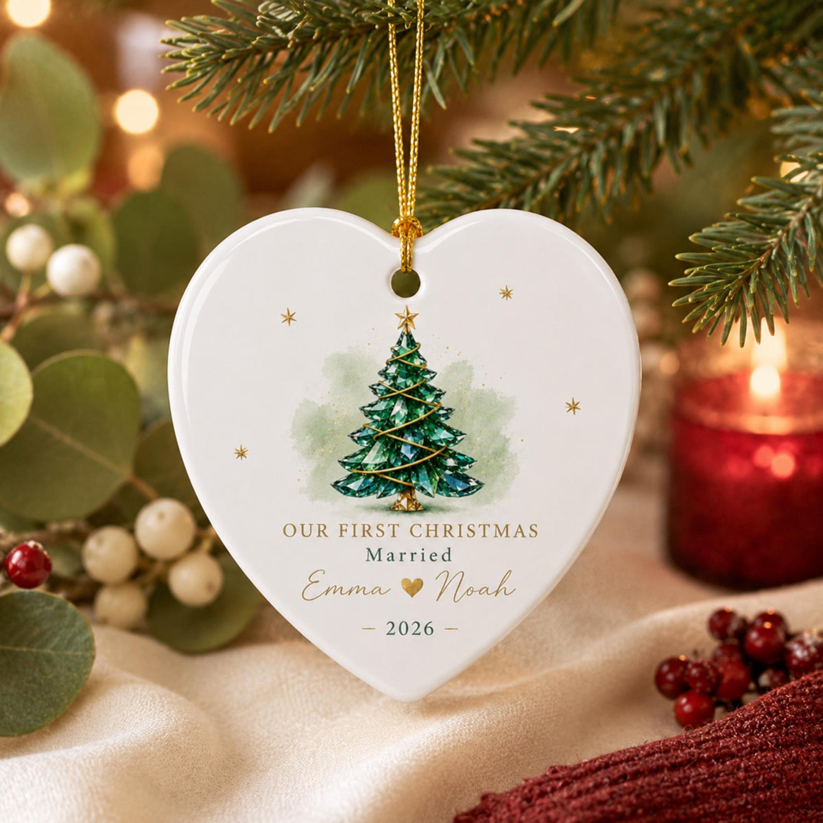 Personalized First Christmas Married Ornament, Custom Couple Names Ceramic Tree Decor