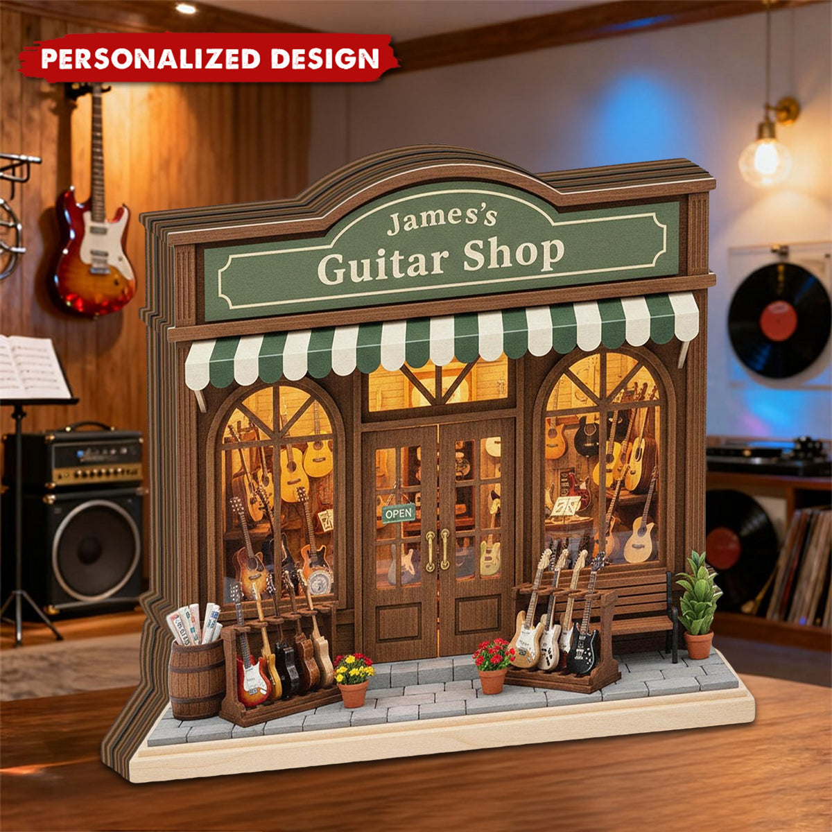 Personalized Guitar Shop Wooden Block, Custom Name Music Lover Gift