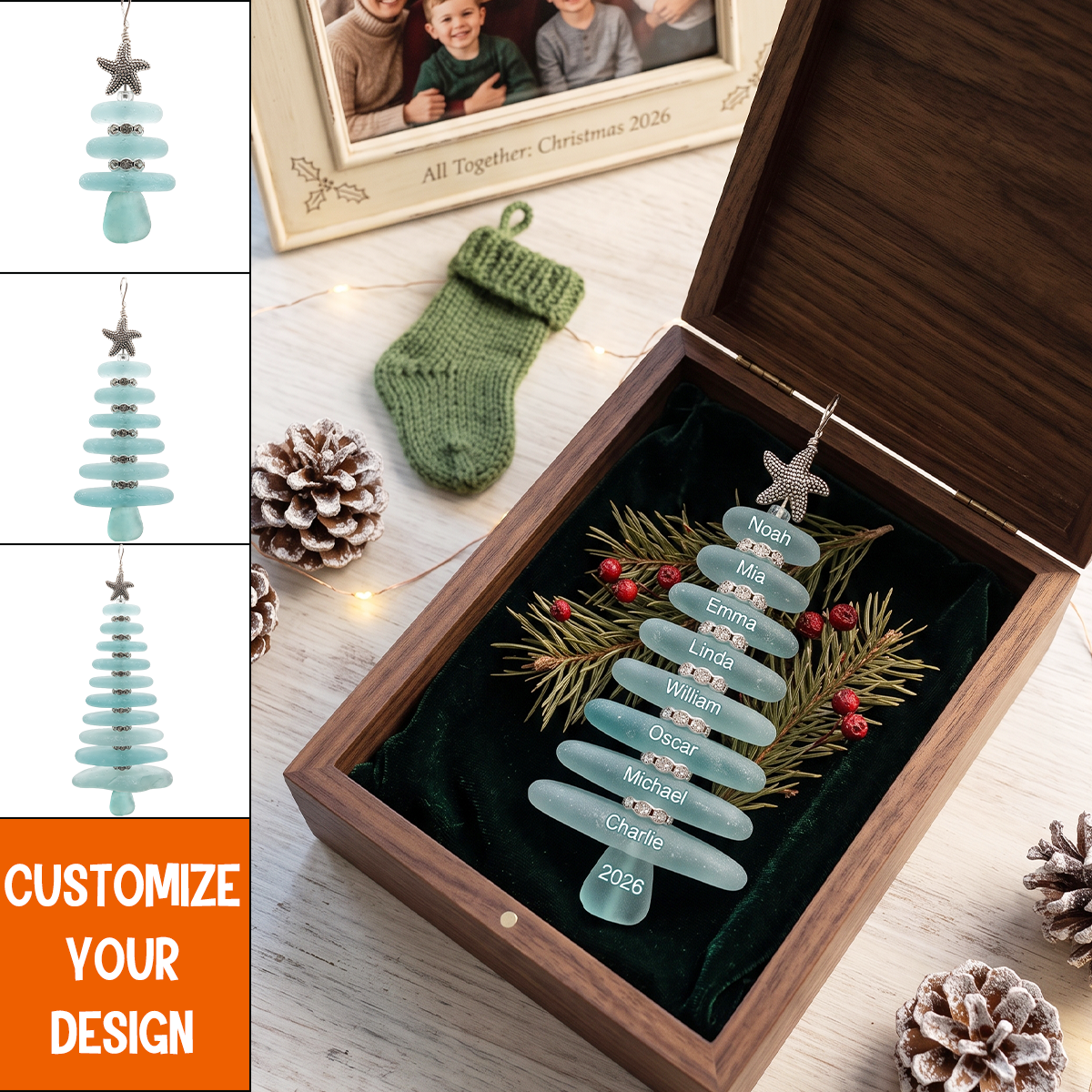 Personalized Sea Glass Christmas Tree Family Ornament