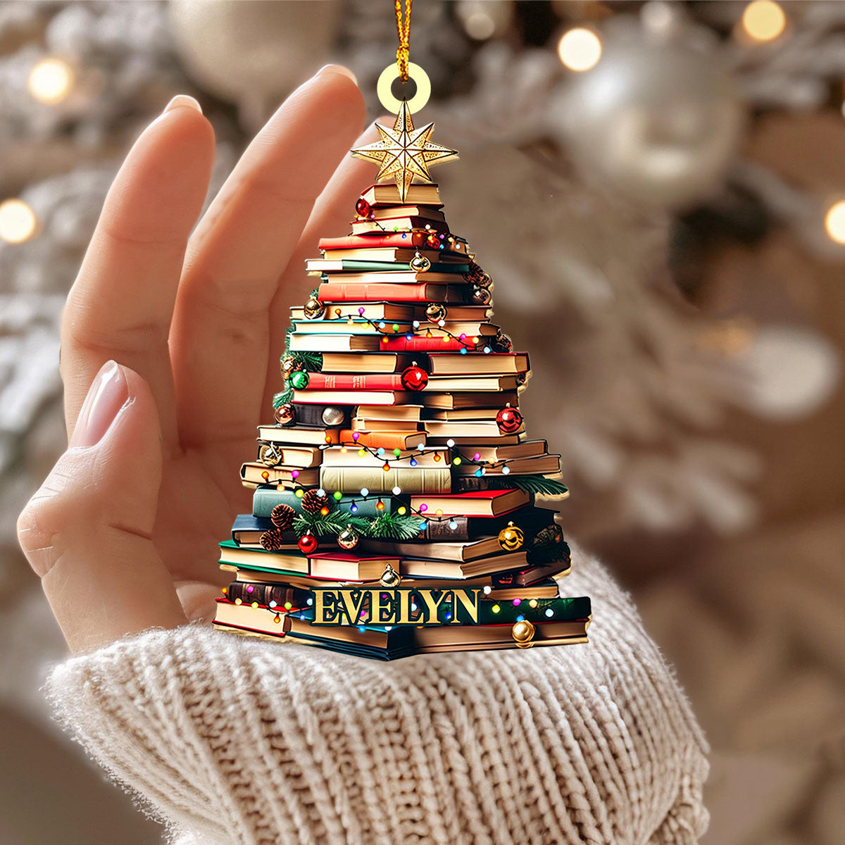 Personalized Christmas Book Tree Name Ornament, Book Lover Gift