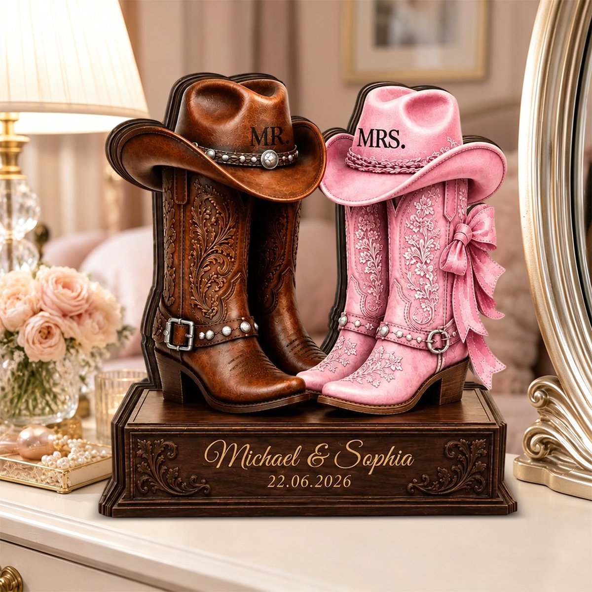Personalized Cowboy Boots Newlywed Wooden Block Gift For Couples