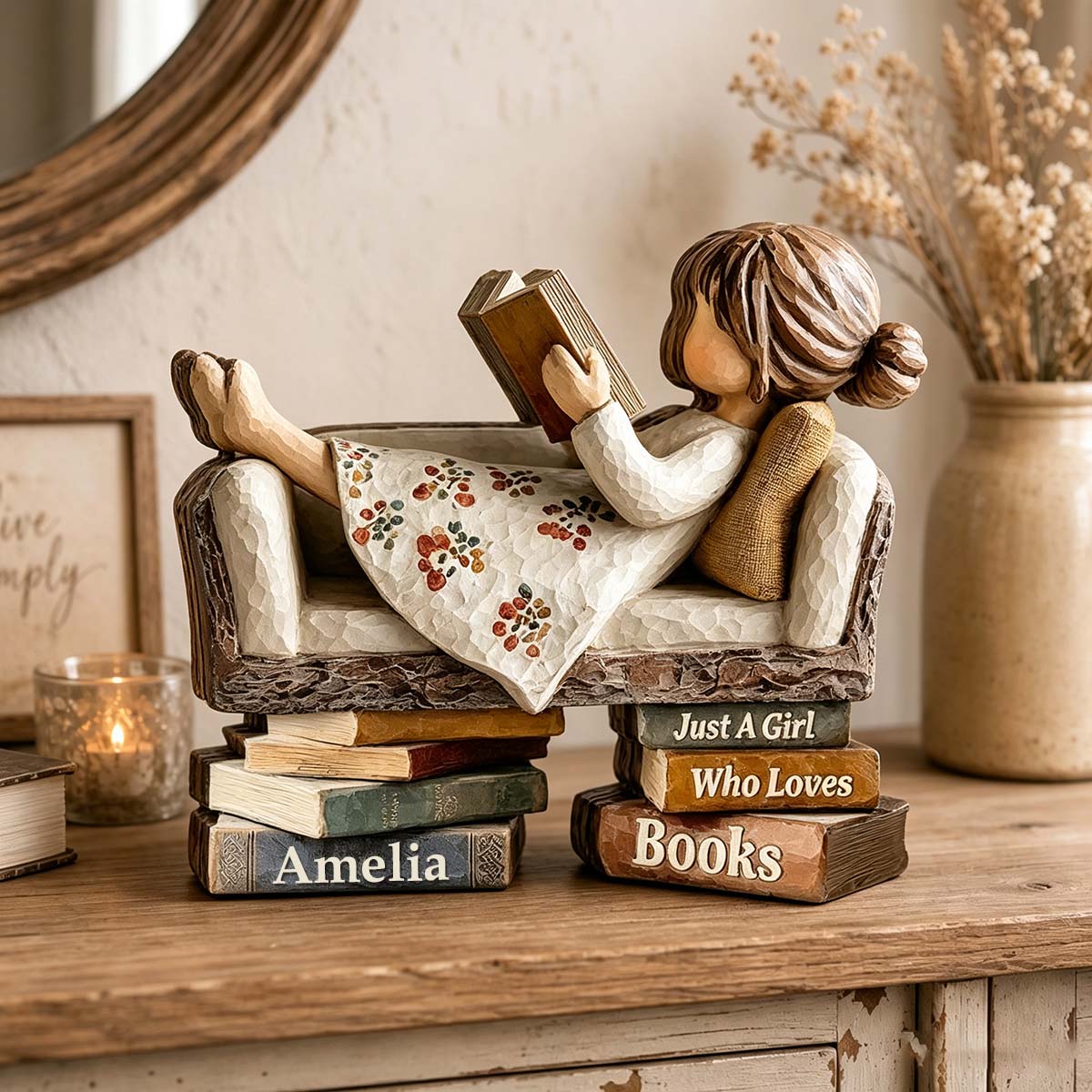 Just A Girl Who Loves Books Wooden Plaque, Reading Girl Bookshelf Decor