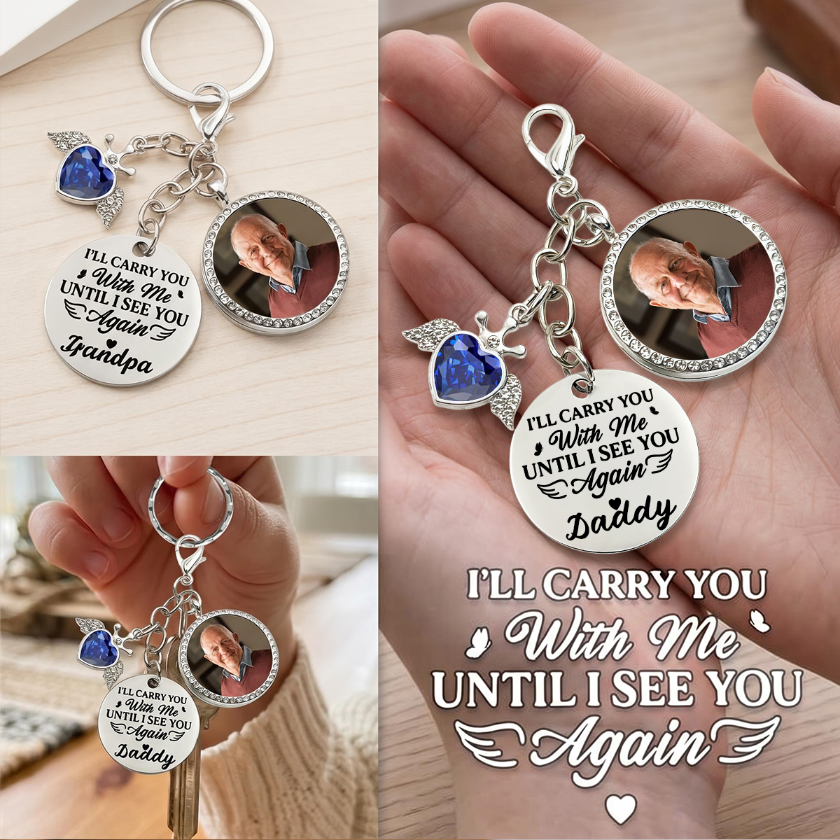 Personalized Memorial Photo Keychain With Birthstone, Custom Name Remembrance Gift