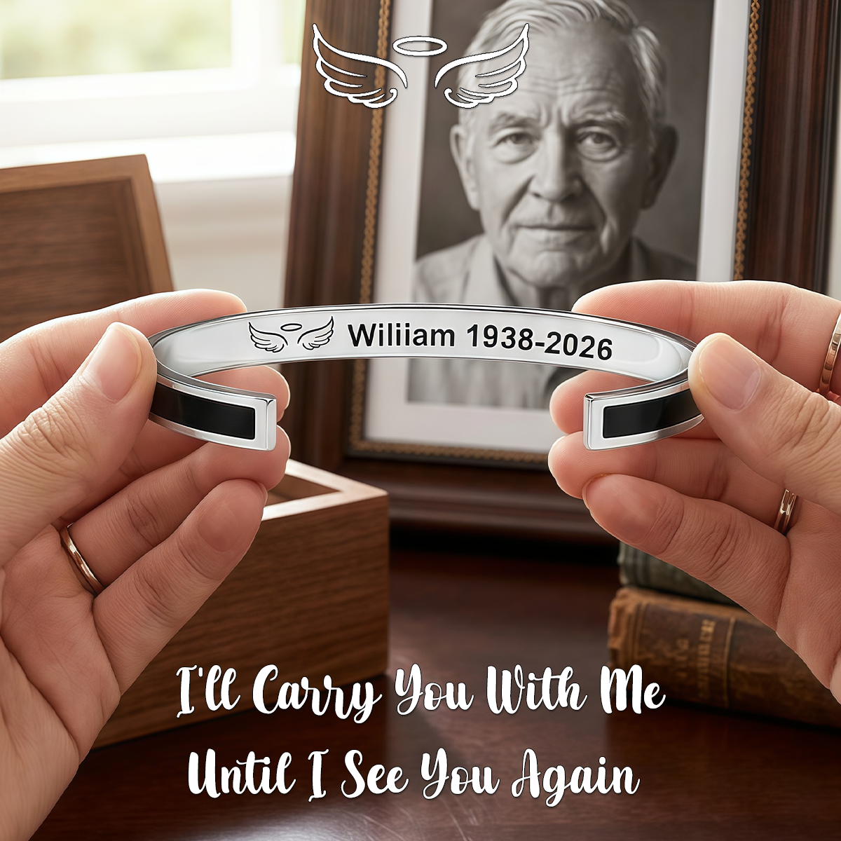 Always In My Heart, Personalized Wings Memorial Cuff Bracelet
