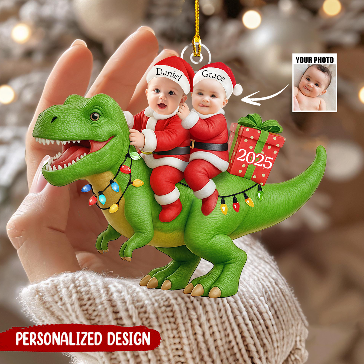 Personalized Dinosaur Christmas Ornament 2025, Custom Kids Photo Ornament