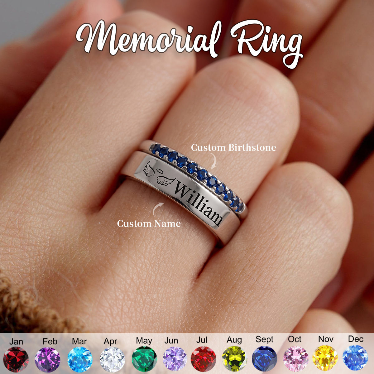 Personalized Memorial Name Birthstone Stackable Ring