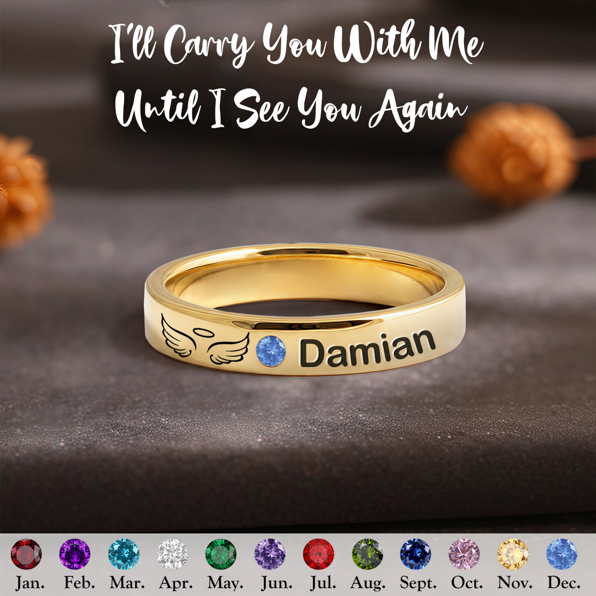 Forever In My Heart, Personalized Wings Memorial Birthstone Ring