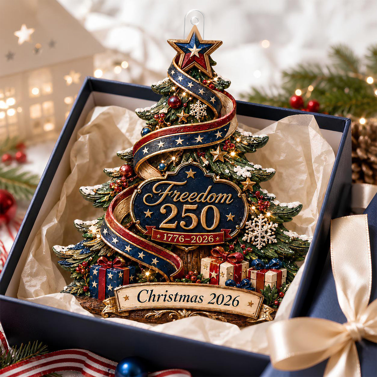 Freedom 250 Patriotic Christmas Tree Ornament, Personalized USA Independence Gift