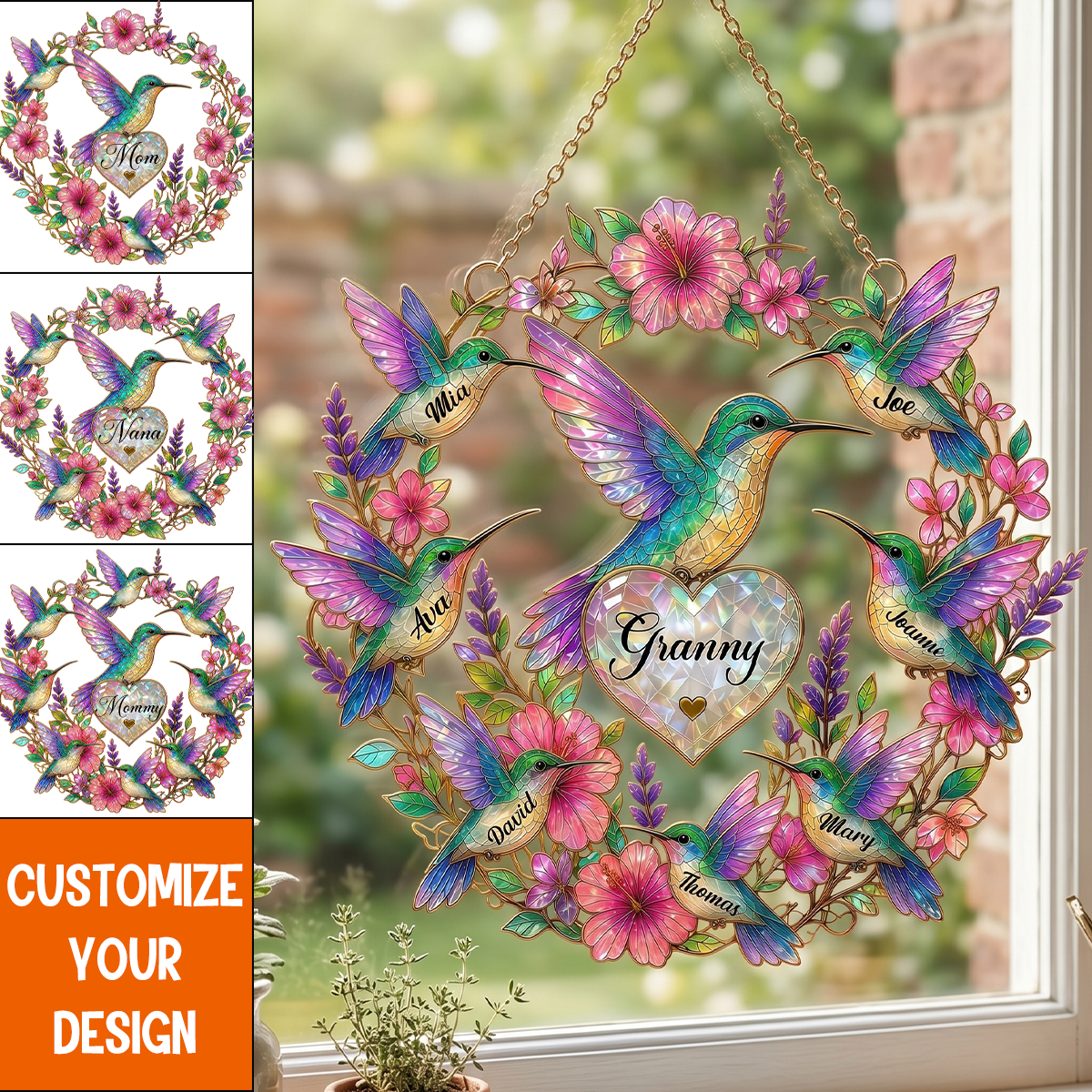 Personalized Hummingbird Grandma Suncatcher, Custom Family Names Gift