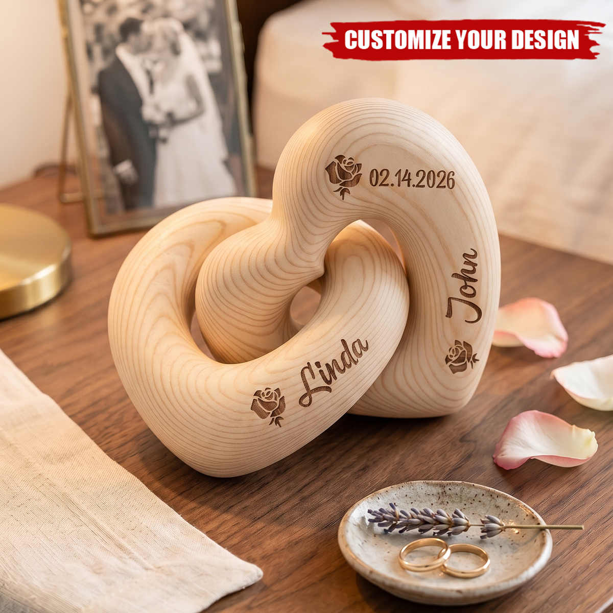 Personalized Double Heart Wooden Sculpture