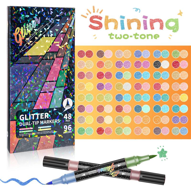 🔥 50% OFF ✨ Glitter Dual-Tip Brush Markers – 24–96 Colours for Sparkling Art & Lettering