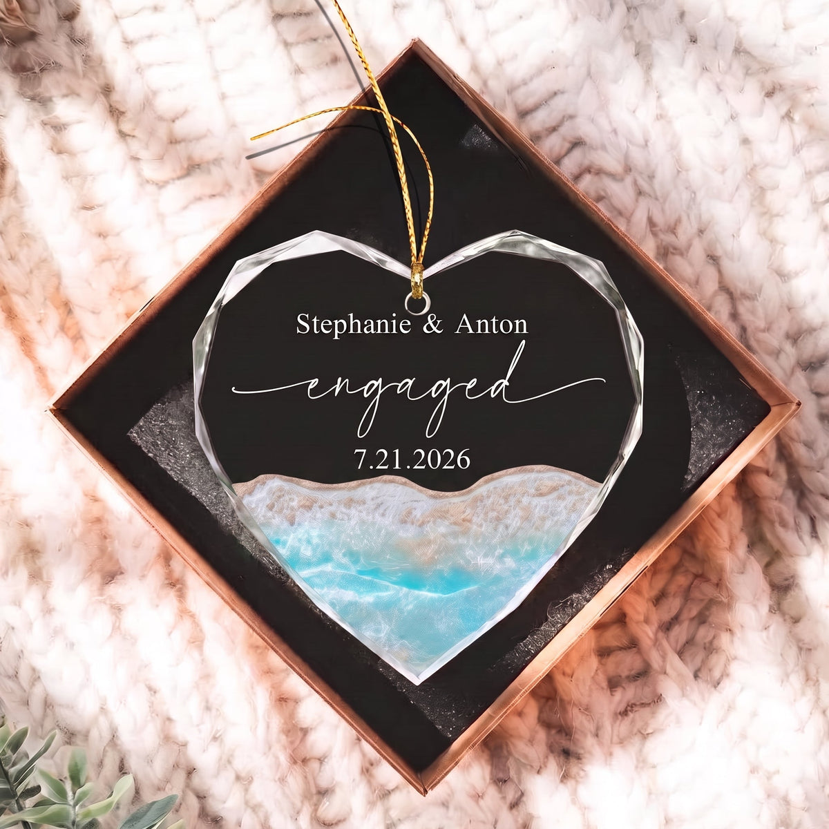 Personalized Beach First Christmas Engaged Married Glass Ornament