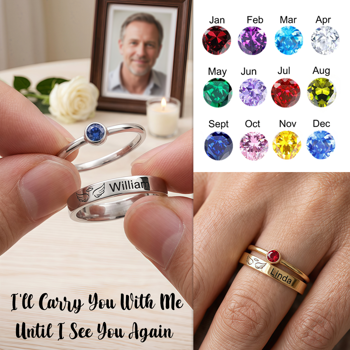 Personalized Custom Name Stacking Birthstone Memorial Ring