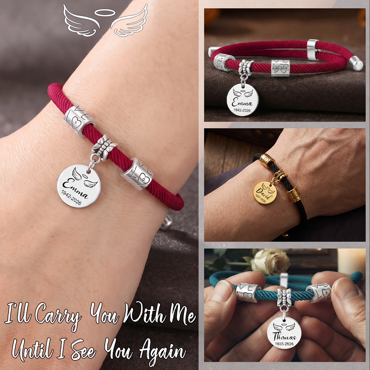 Always In My Heart, Personalized Wings Adjustable Woven Bracelet