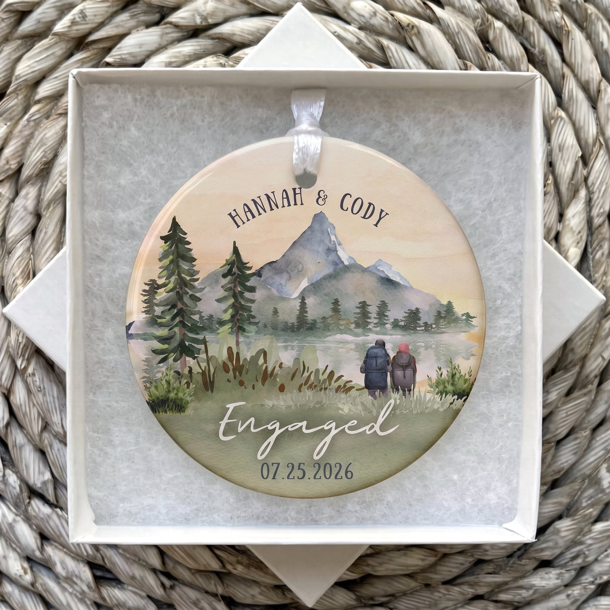 Personalized Mountain Engagement Ceramic Ornament