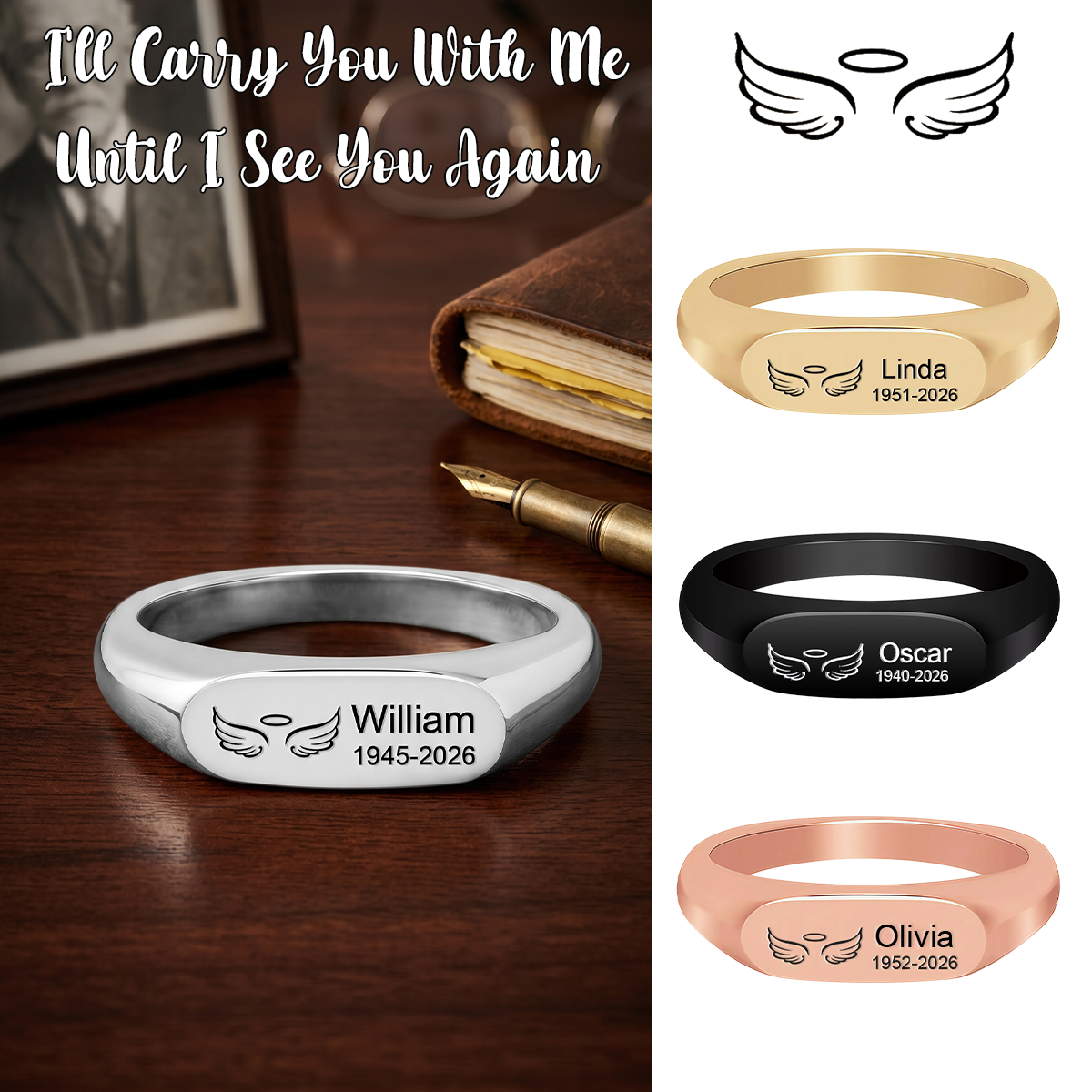 In Loving Memory Personalized Angel Wings Ring