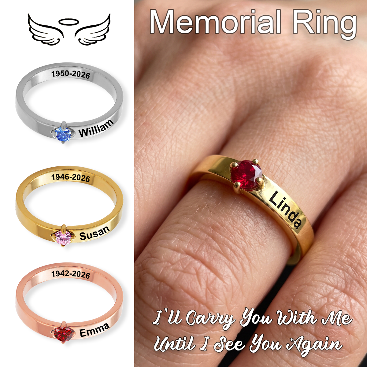 Personalized Memorial Ring With Birthstone, Custom Name Date Ring
