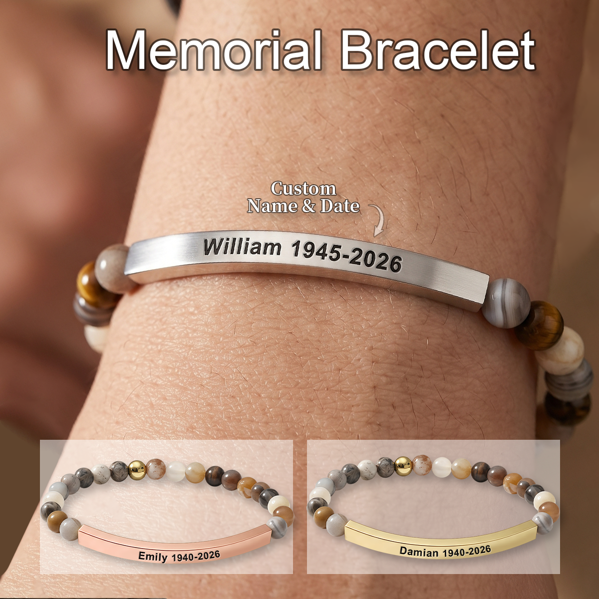Custom Memorial Bracelet | Natural Stone Beads, Engraved Bar, Sympathy Gift