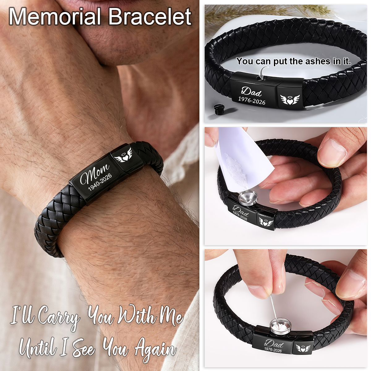 Personalized Braided Leather Cremation Bracelet, Memorial Sympathy Gift