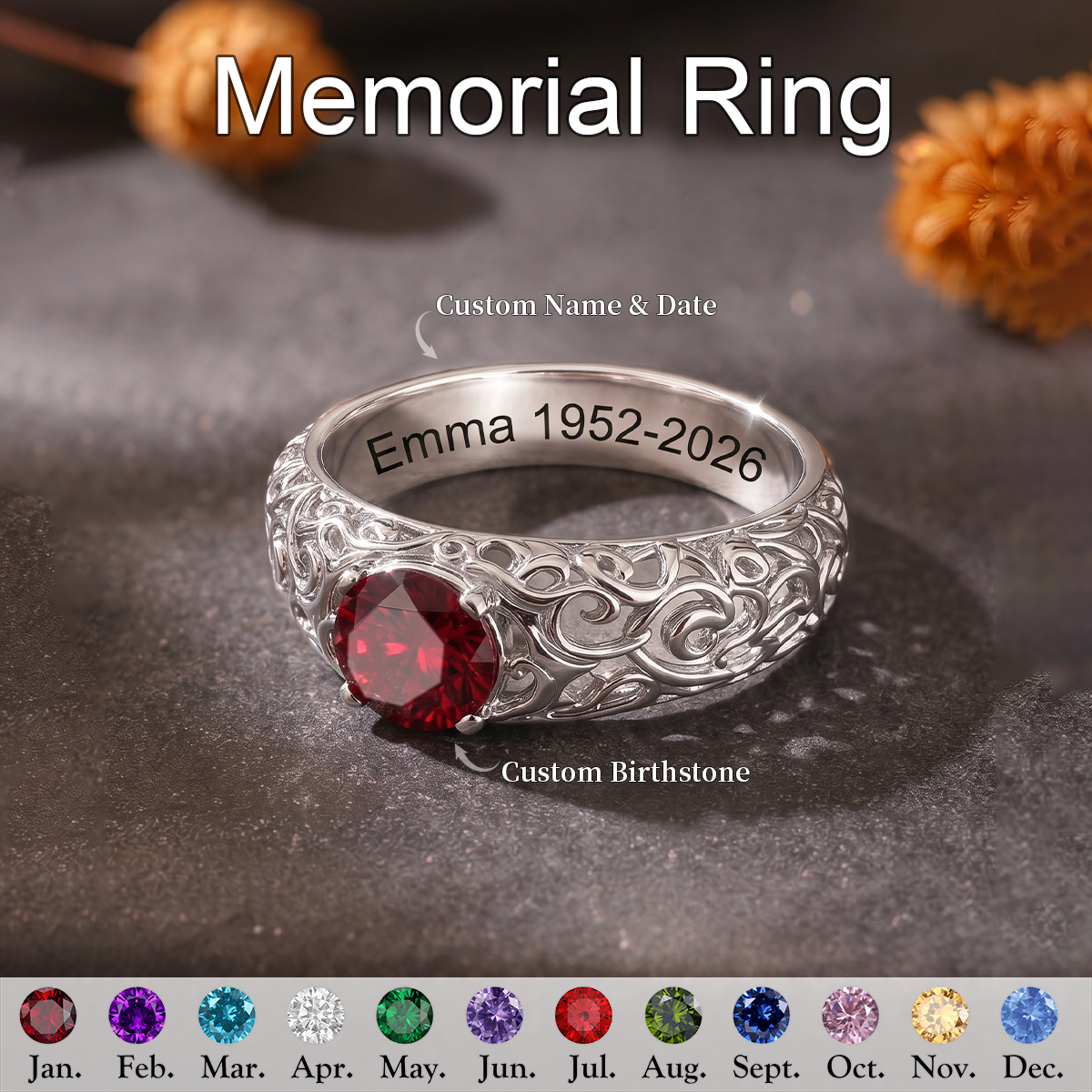 Always In My Heart, Personalized Memorial Ring With Birthstone
