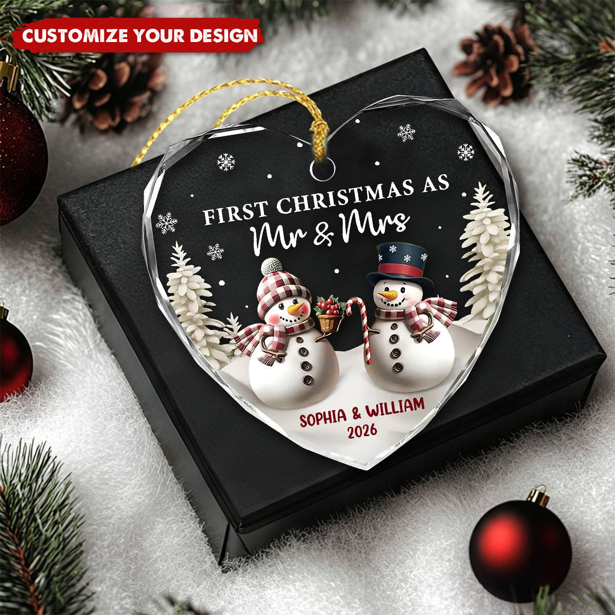 First Christmas As Mr & Mrs Snowman, Personalized Heart Shaped Glass Ornament