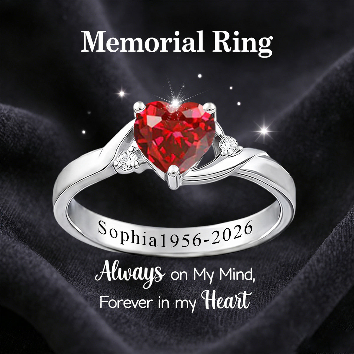 Always In My Heart, Personalized Heart Birthstone Ring, Memorial Ring