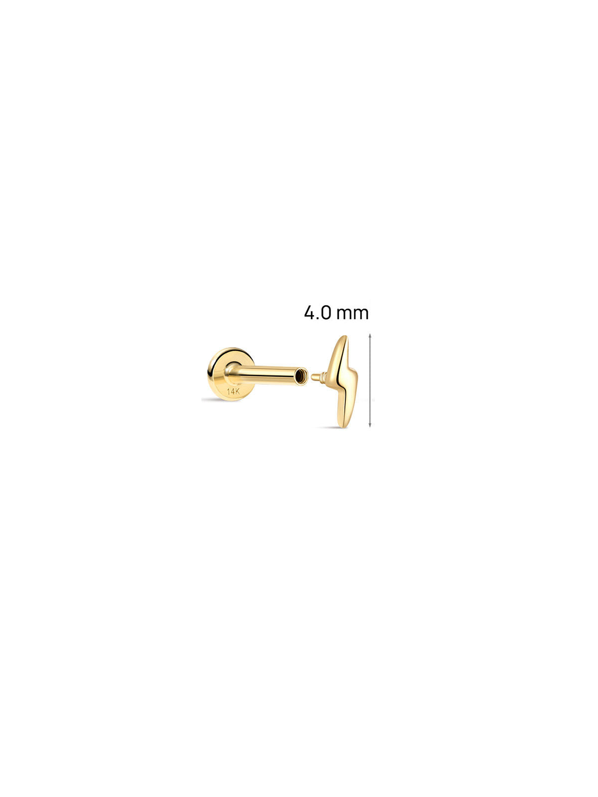 KOSINER 14K Solid Gold 4mm Minimalist Glossy Lightning Flat Back Stud