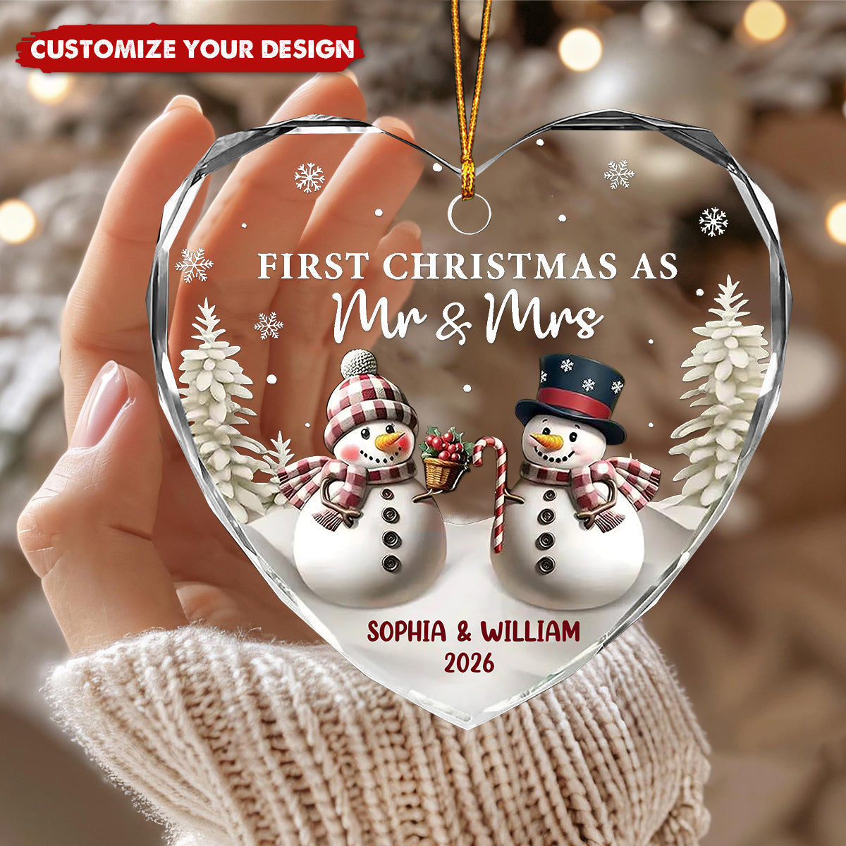 First Christmas As Mr & Mrs Snowman, Personalized Heart Shaped Glass Ornament