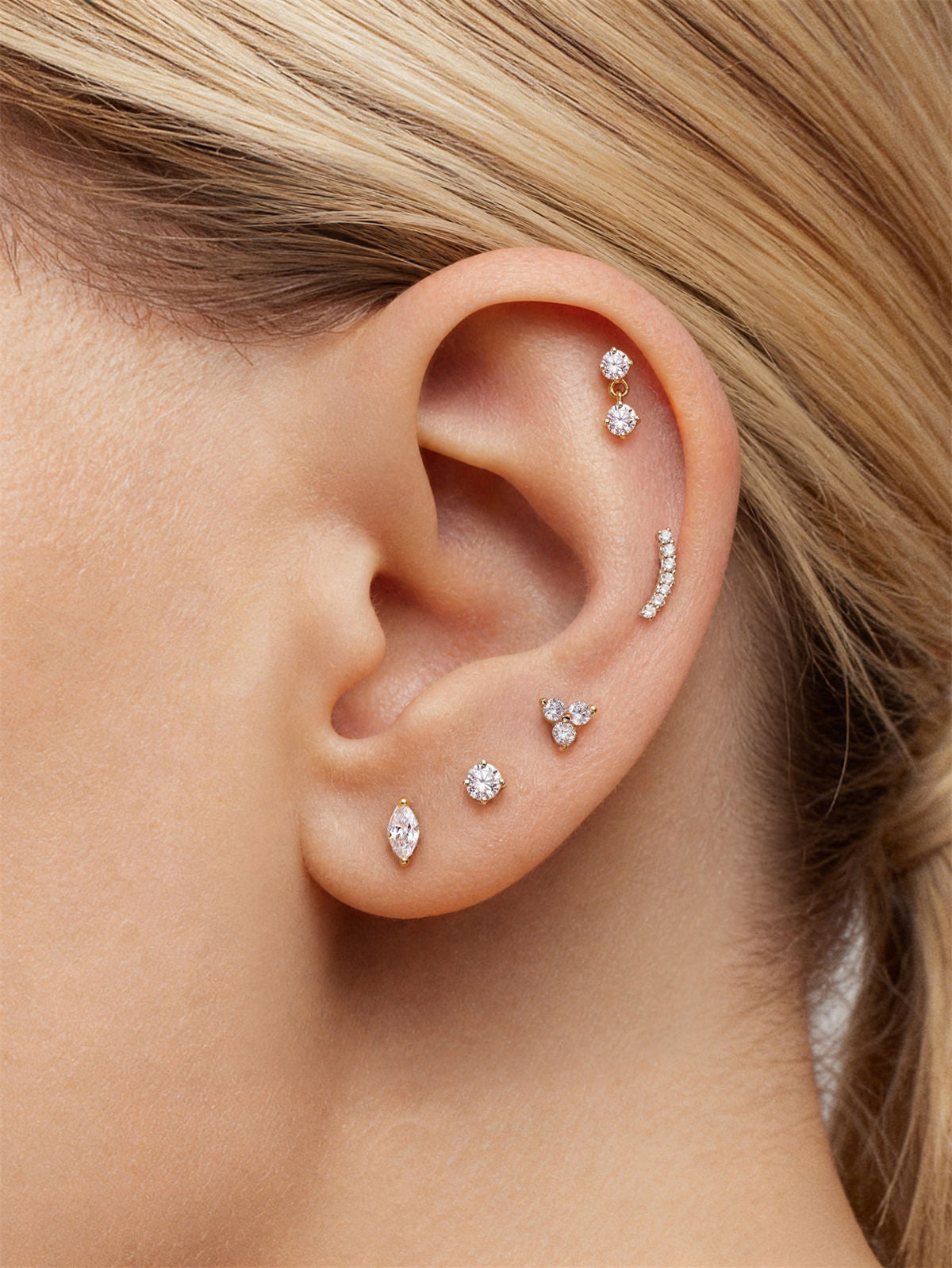 KOSINER 14K Solid Gold Minimalist Trinity Flat Back Stud