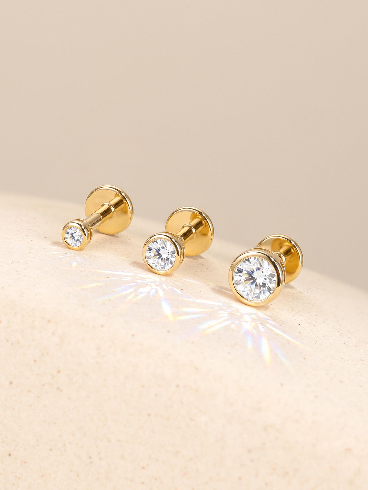 KOSINER 14K Solid Gold Round Bezel Lab-Grown Diamond Flat Back Stud