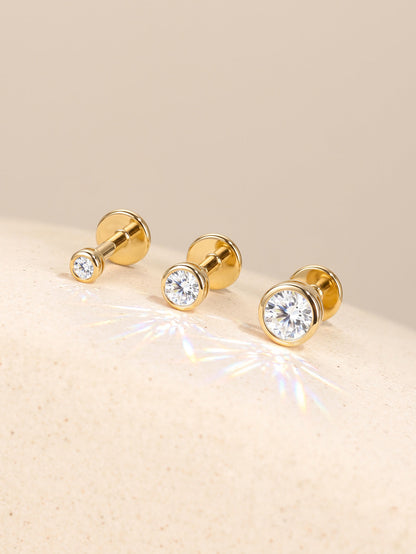 KOSINER 14K Solid Gold Round Bezel Lab-Grown Diamond Flat Back Stud