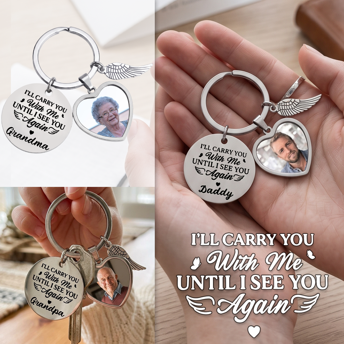Personalized Memorial Photo Keychain With Angel Charm, Sympathy Gift
