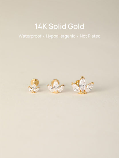 KOSINER 14K Solid Gold Delicate Marquise Trio Flat Back Stud