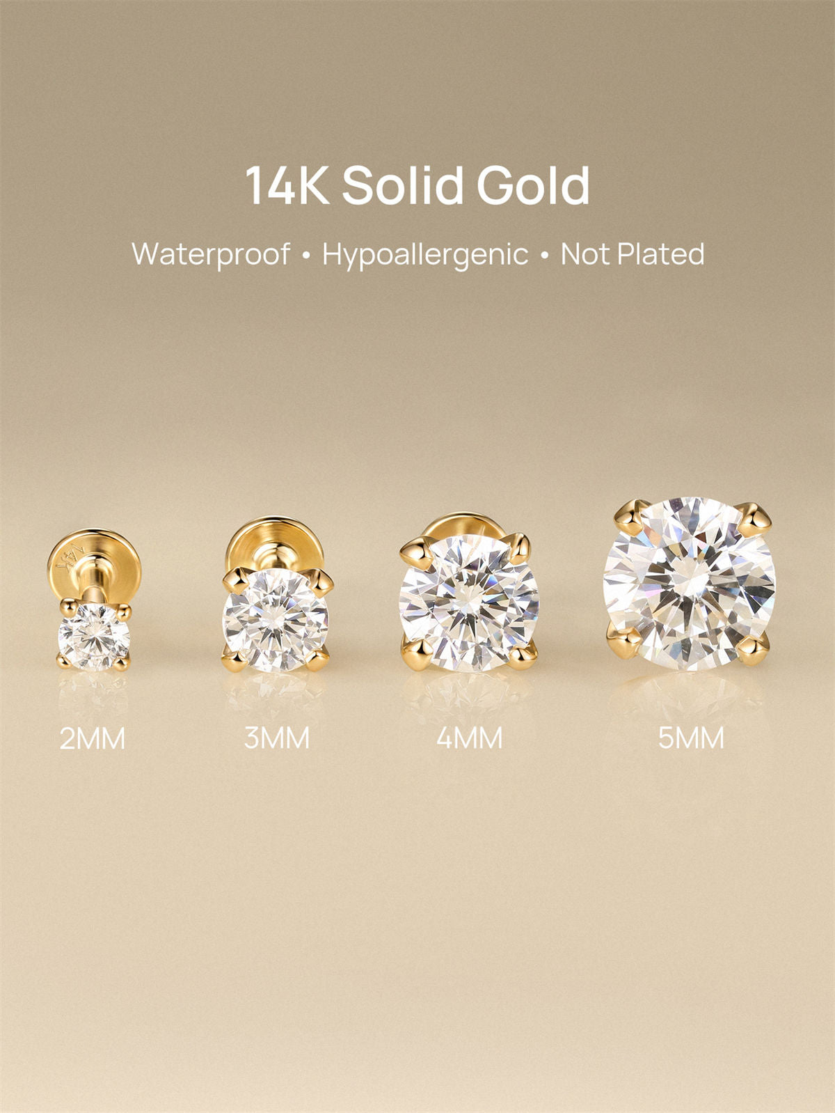 KOSINER 14K Solid Gold Minimalist 3MM Flat Back Stud