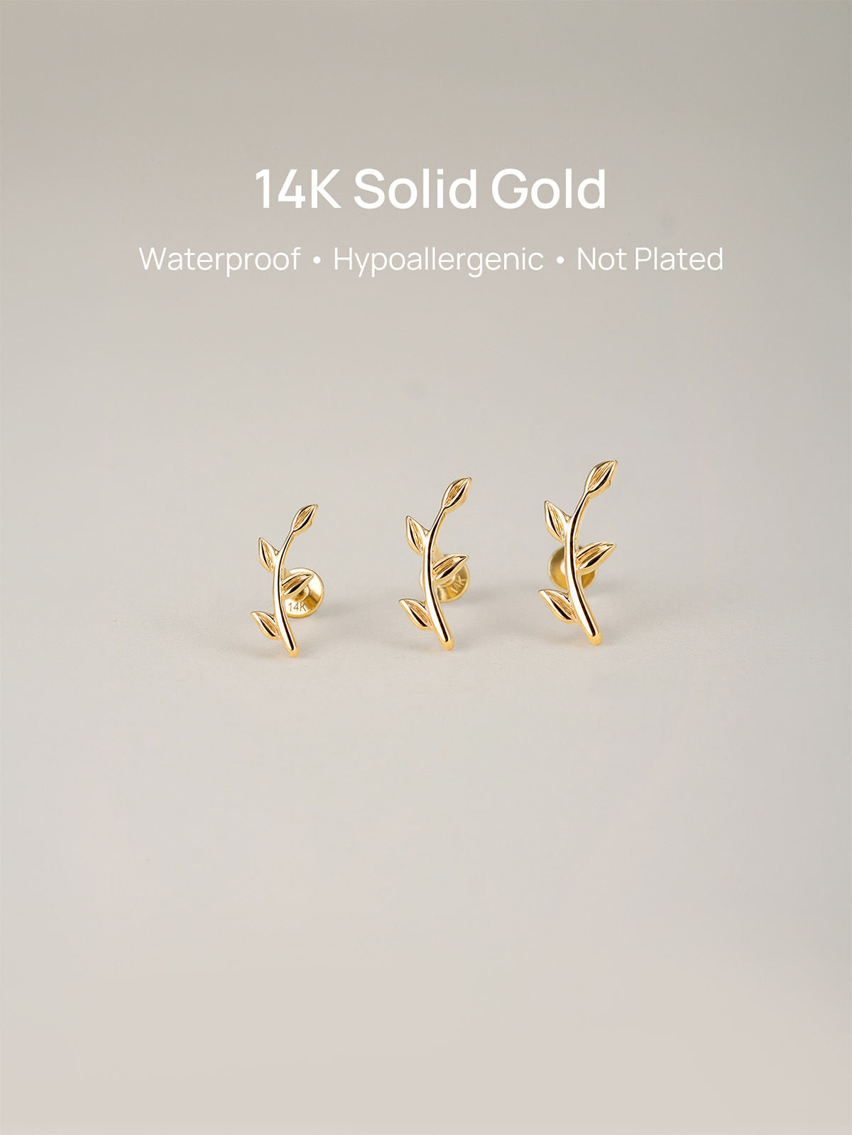 KOSINER 14K Solid Gold Simple Leaf Flat Back Stud