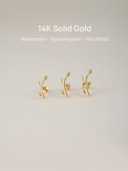 KOSINER 14K Solid Gold Simple Leaf Flat Back Stud