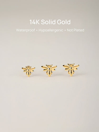 KOSINER 14K Solid Gold Glossy Flying Bee Flat Back Stud