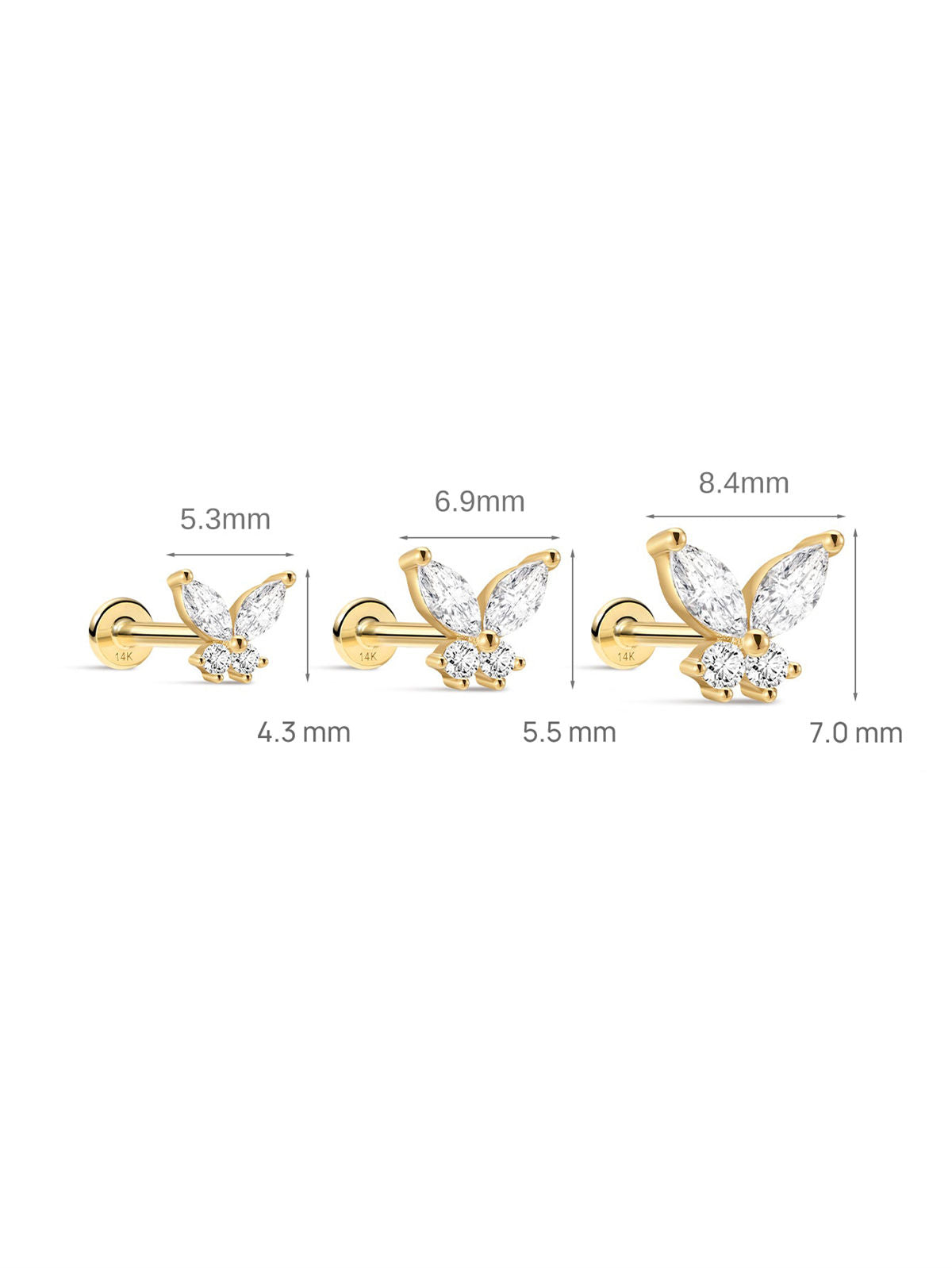 KOSINER 14K Solid Gold Delicate Butterfly Flat Back Stud