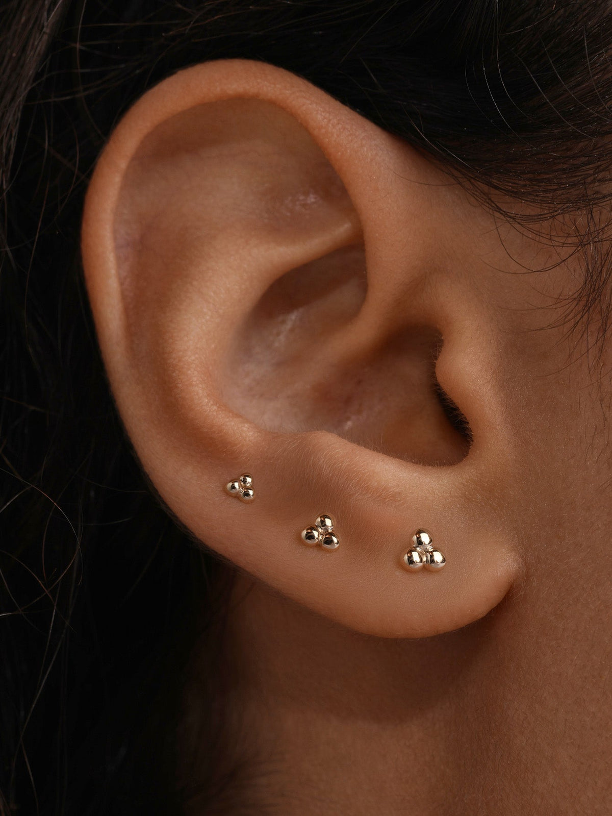 KOSINER 14K Solid Gold Simple Triple Ball Flat Back Stud