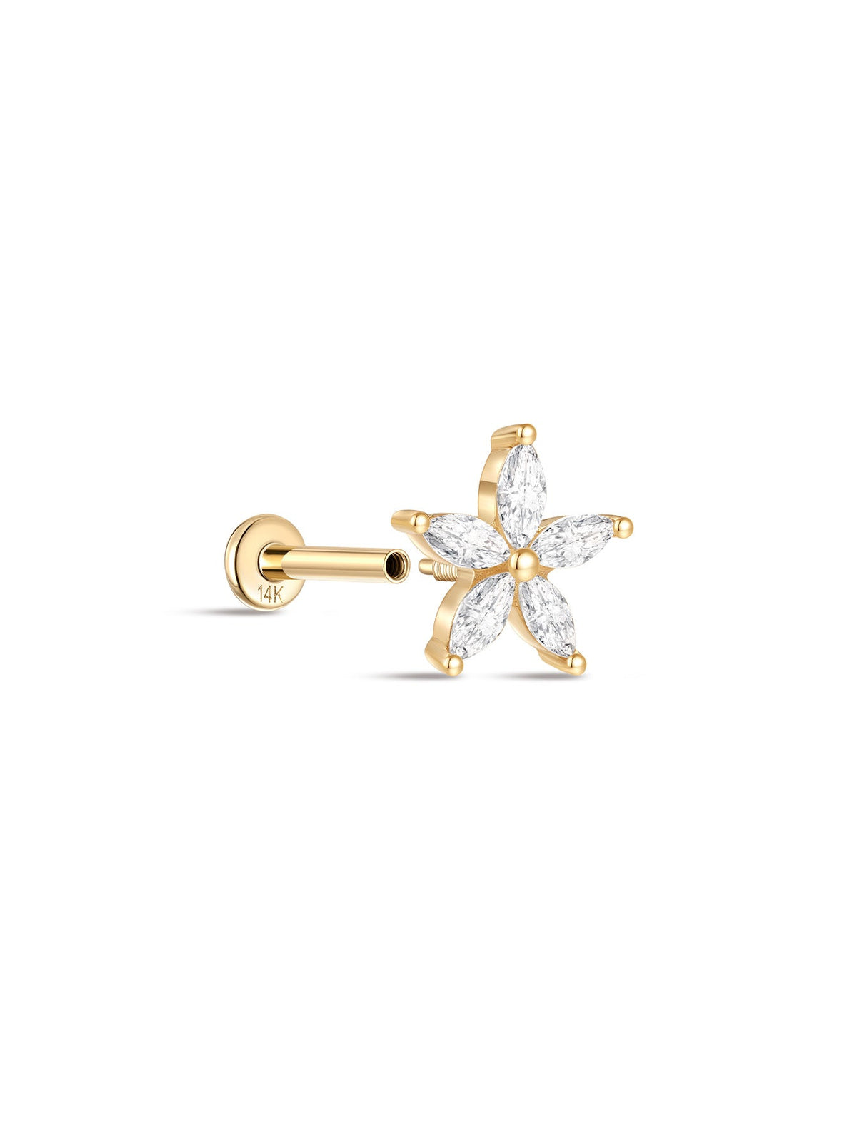 KOSINER 14K Solid Gold Five-Petal Marquise Flower Flat Back Stud