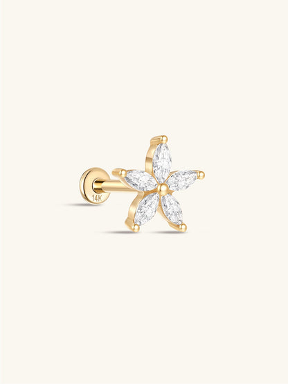 KOSINER 14K Solid Gold Five-Petal Marquise Flower Flat Back Stud