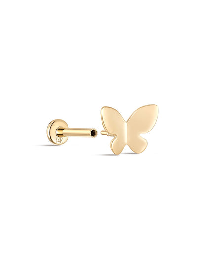 KOSINER 14K Solid Gold Minimalist Glossy Butterfly Flat Back Stud
