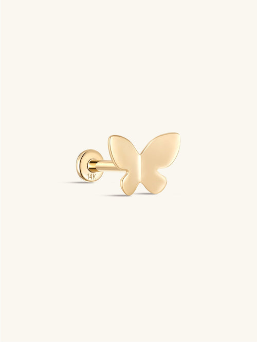 KOSINER 14K Solid Gold Minimalist Glossy Butterfly Flat Back Stud