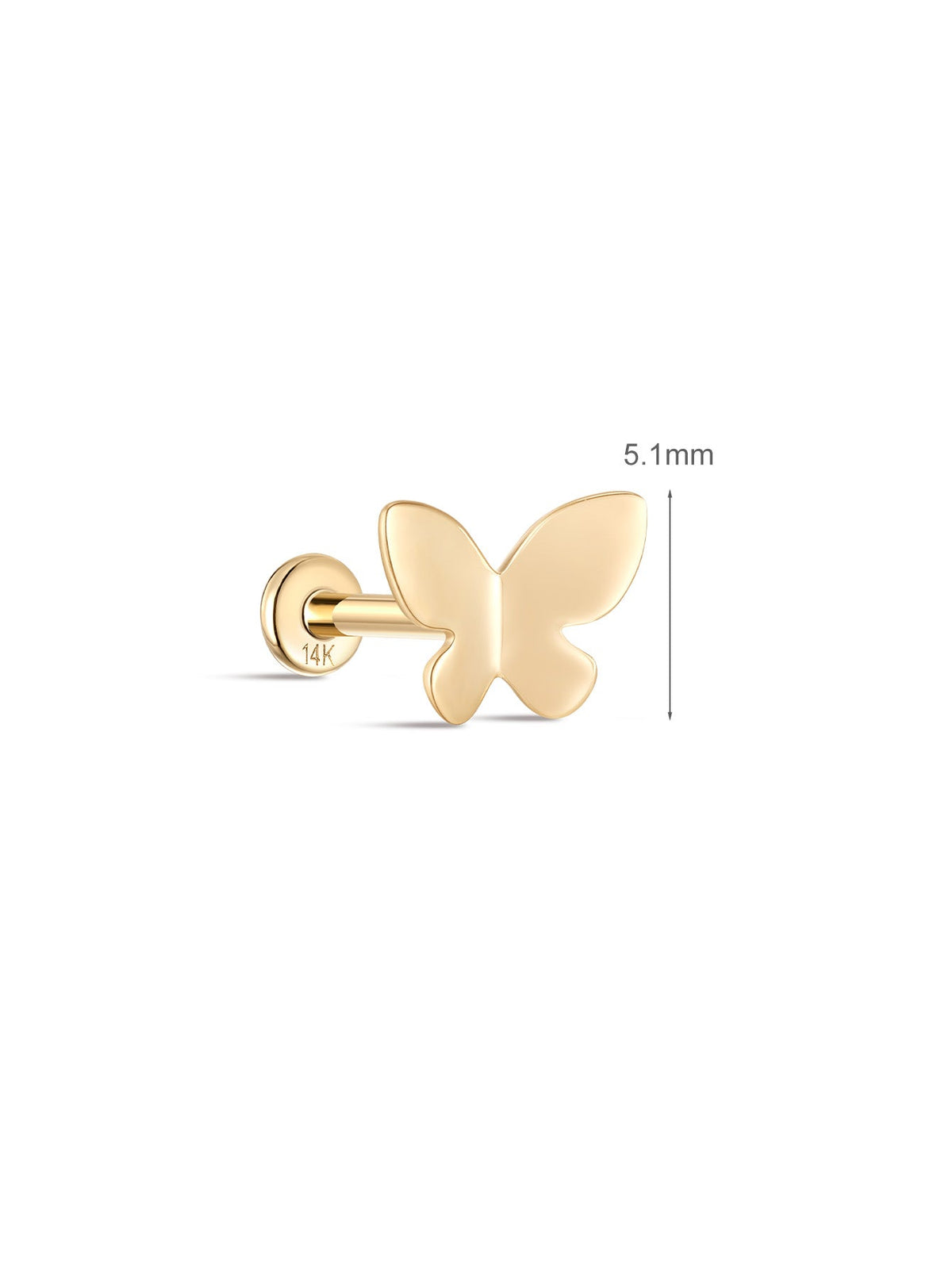 KOSINER 14K Solid Gold Minimalist Glossy Butterfly Flat Back Stud