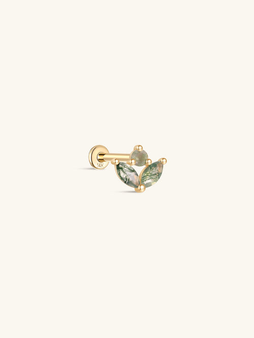 KOSINER 14K Solid Gold Double Marquise Moss Agate Flat Back Stud