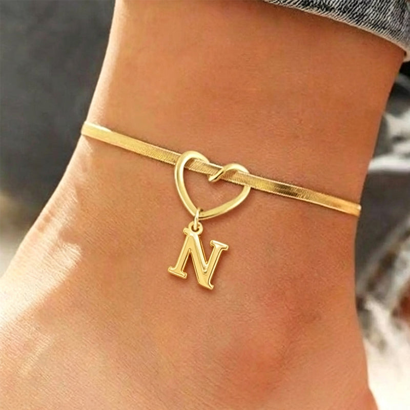 🎉 2026 Hot Sale 💖 Heart Initial Anklet Snake Chain – Personalized Charm ❤️