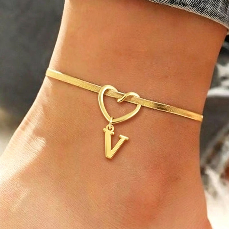 🎉 2026 Hot Sale 💖 Heart Initial Anklet Snake Chain – Personalized Charm ❤️